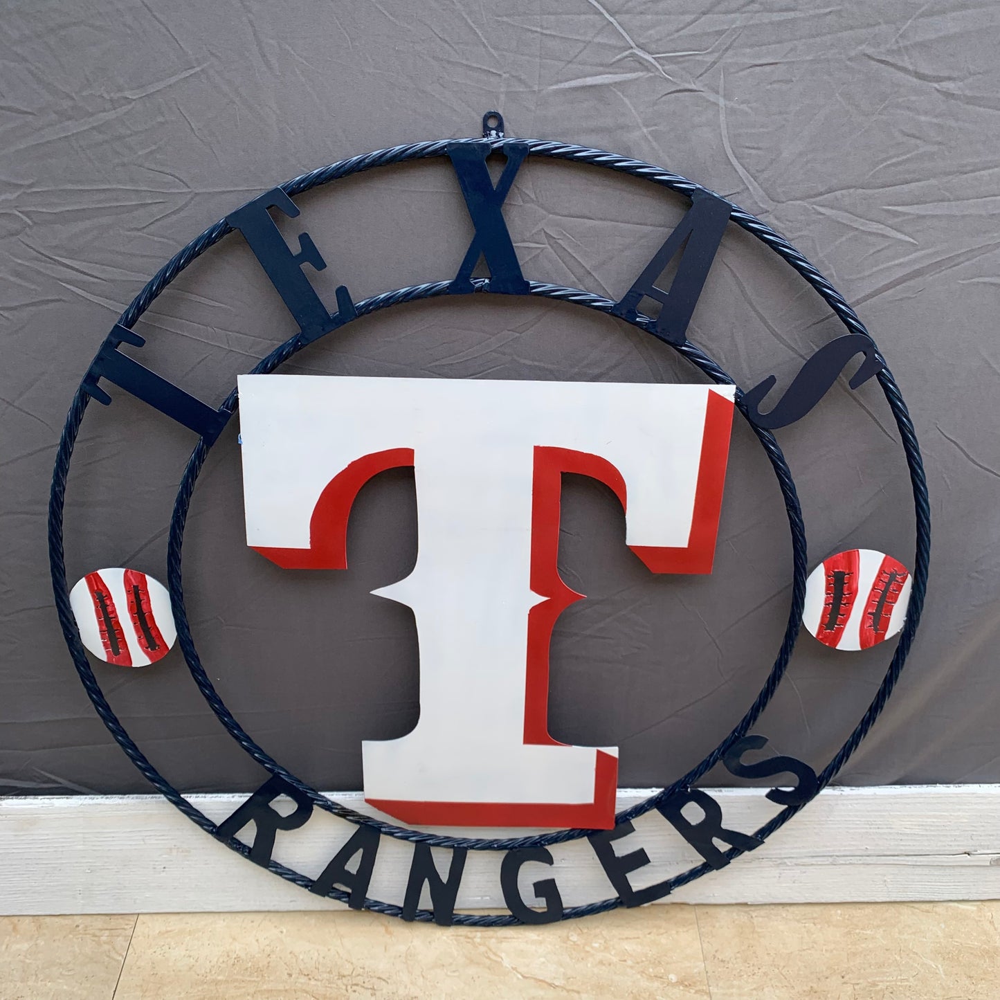 TEXAS RANGERS CUSTOM METAL VINTAGE CRAFT TEAM SIGN WHITE & RED & NAVY BLUE RING HANDMADE