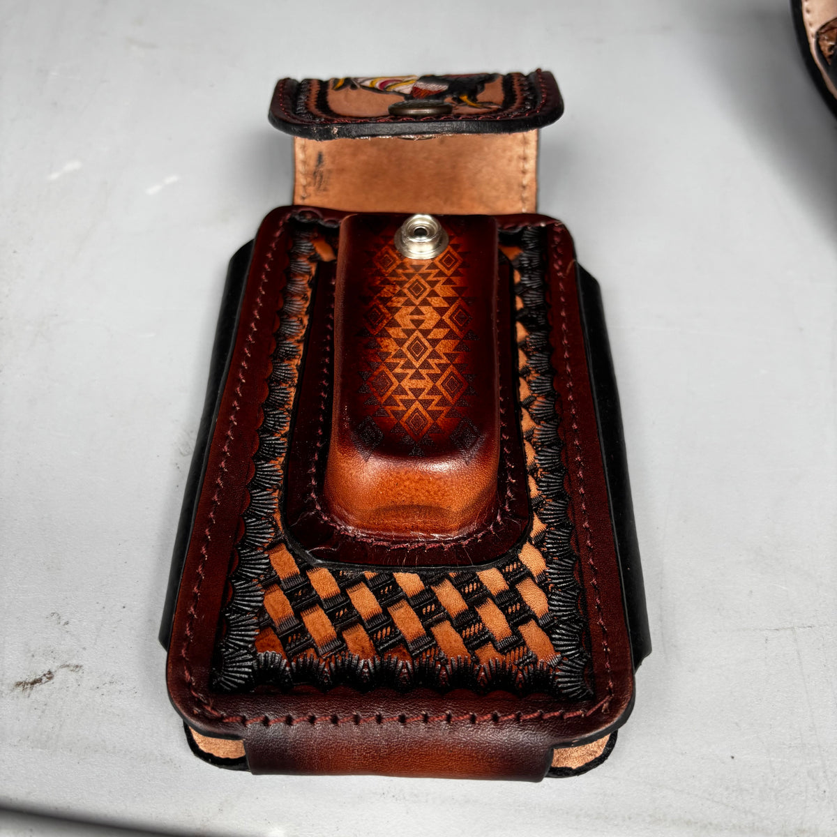 COWBOY PRAYER LEATHER HOLSTER 7" PHONE POUCH WITH KNIFE HOLDER FRONT EXTRA LARGE  BELT LOOP CELL PHONE CASE UNIVERSAL OVERSIZE MADE IN MEXICO #EH13861
