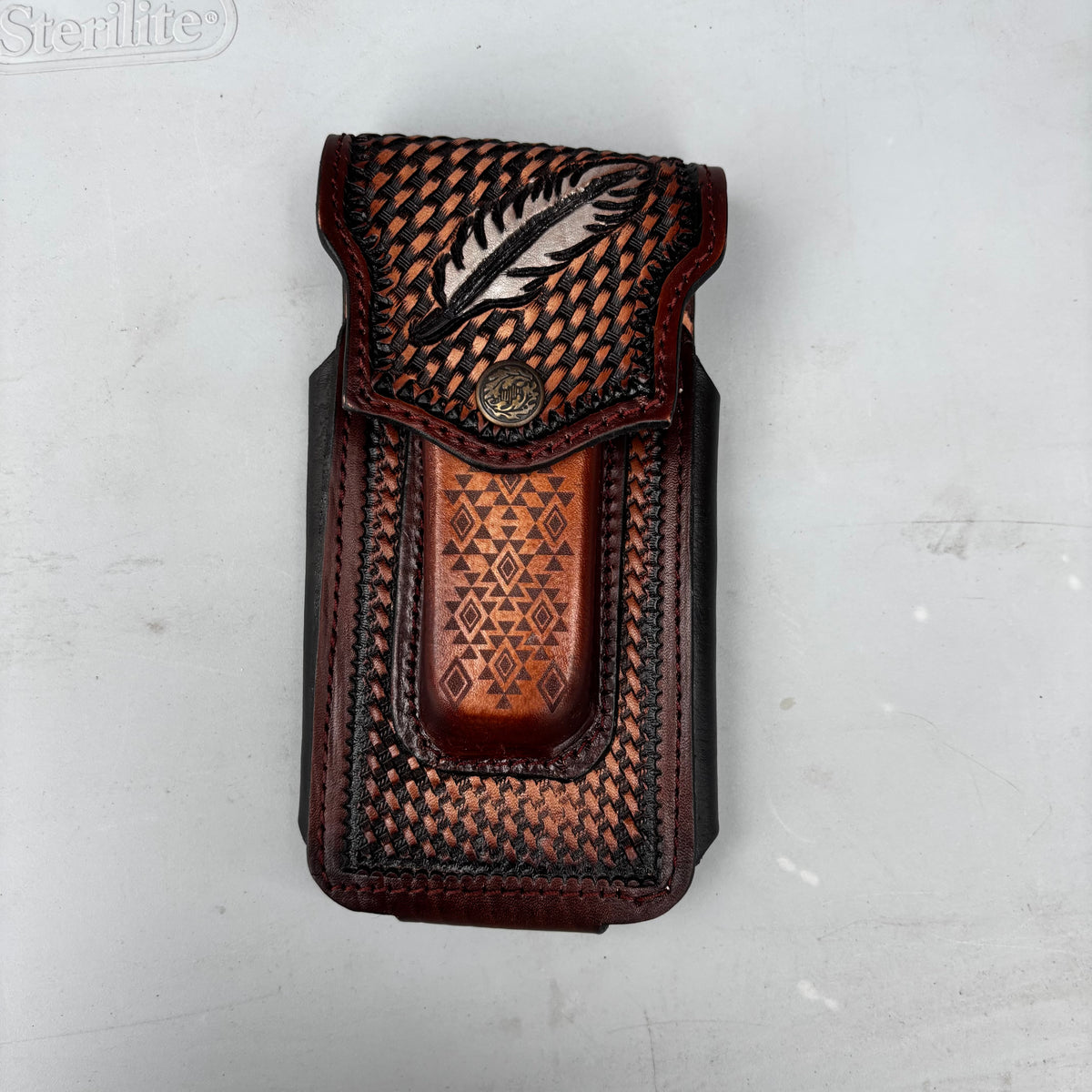 LEAF LEATHER HOLSTER 7" PHONE POUCH WITH KNIFE HOLDER FRONT EXTRA LARGE  BELT LOOP CELL PHONE CASE UNIVERSAL OVERSIZE MEXICO MADE #EH13863