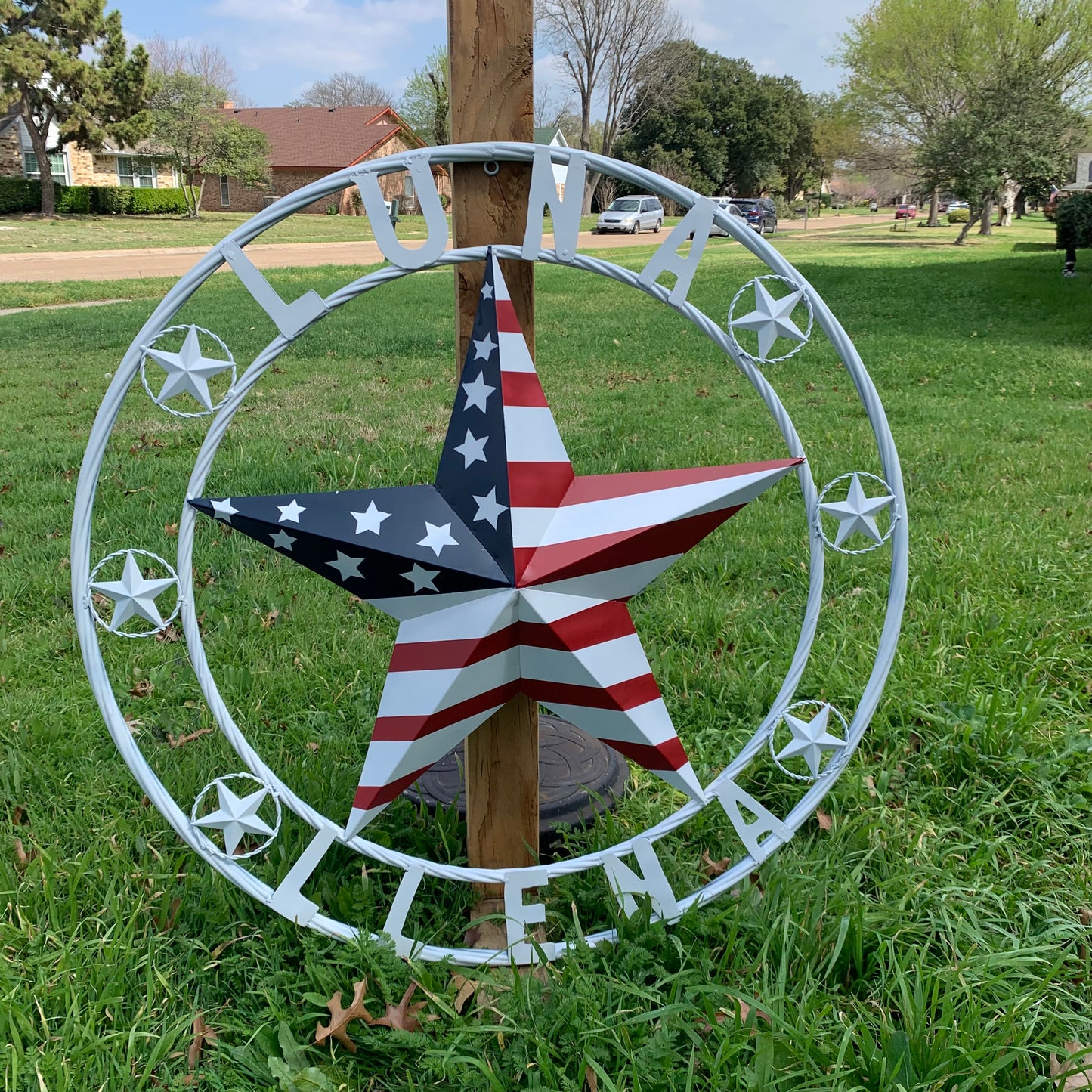 LUNA STYLE CUSTOM NAME BARN STAR METAL STAR 3d TWISTED ROPE RING WESTERN HOME DECOR USA FLAG STAR RED WHOTE & BLUE WITH WHITE RING HANDMADE 24",32",36",50"
