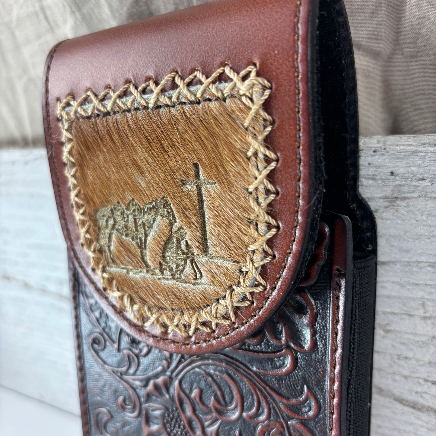 7" COWBOY PRAYER  LEATHER HOLSTER BROWN POUCH EXTRA LARGE  BELT LOOP CELL PHONE CASE UNIVERSAL OVERSIZE #EH13322