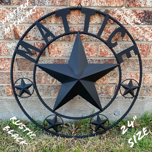 MATTICE STYLE BLACK STAR YOUR CUSTOM NAME BARN METAL STAR 3d TWISTED ROPE RING WESTERN HOME DECOR HANDMADE 24",32",36",50"