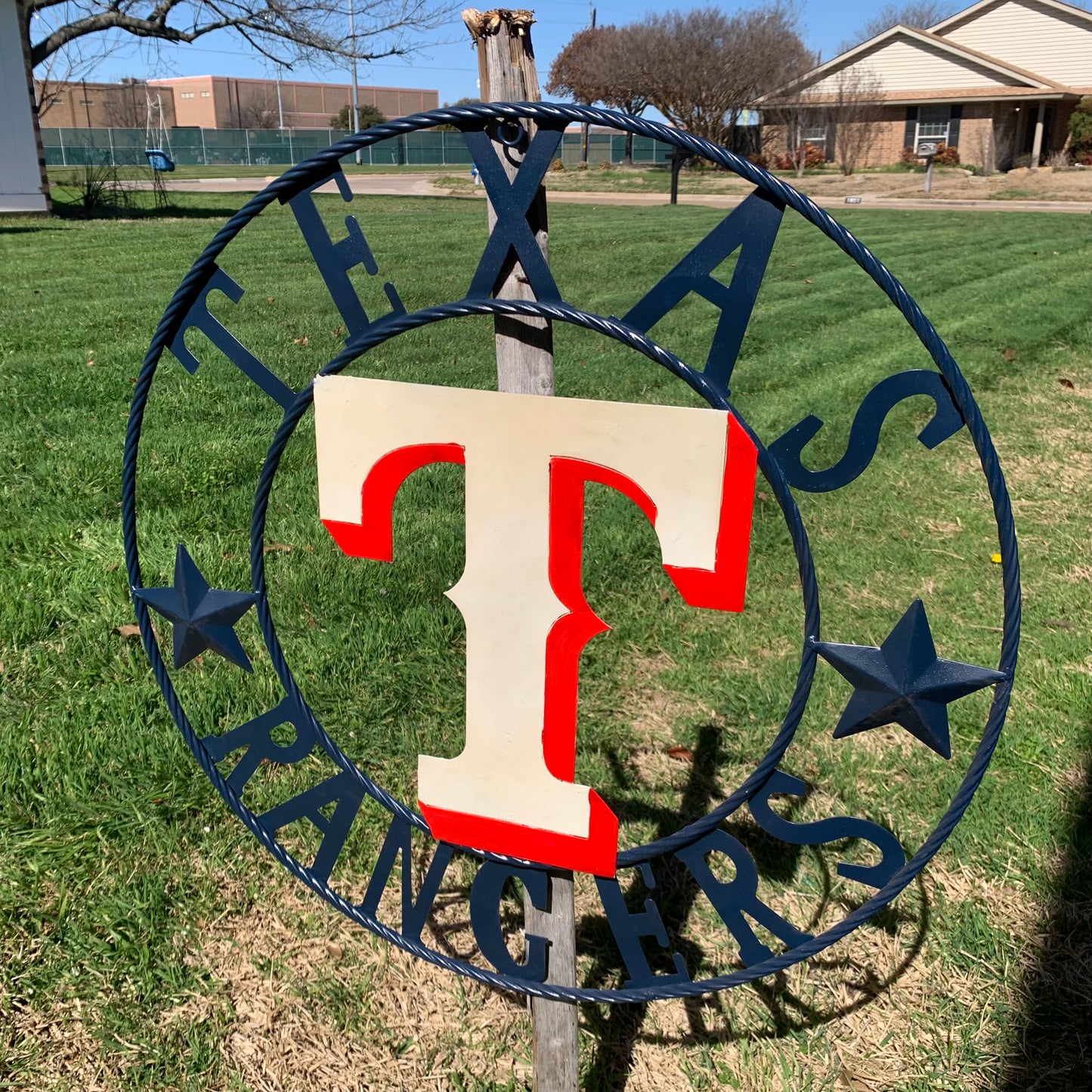 12", 18", 24", 32" TEXAS RANGERS BARN CUSTOM METAL VINTAGE CRAFT SIGN TEAM  WHITE & RED & NAVY BLUE RING & STAR HANDMADE