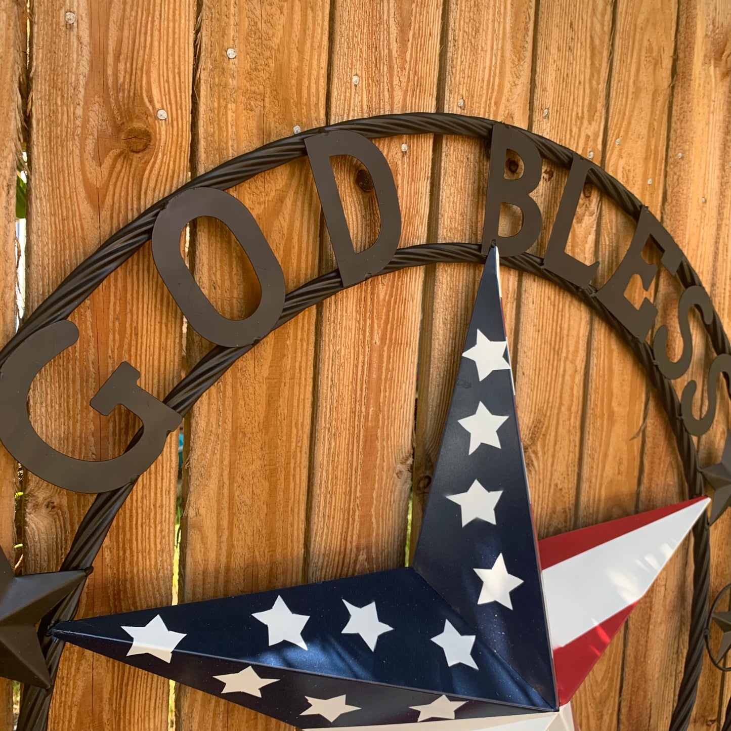 GOD BLESS AMERICA USA FLAG 3d STAR METAL BARN STAR BLACK TWISTED ROPE RING WALL ART WESTERN HOME DECOR RED WHITE & BLUE HANDMADE NEW #EH10490