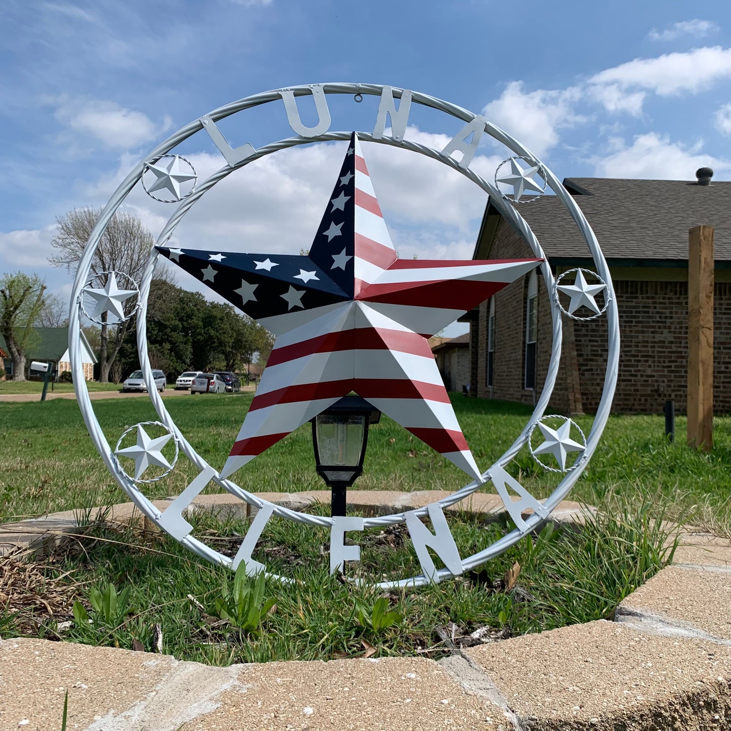 LUNA STYLE CUSTOM NAME BARN STAR METAL STAR 3d TWISTED ROPE RING WESTERN HOME DECOR USA FLAG STAR RED WHOTE & BLUE WITH WHITE RING HANDMADE 24",32",36",50"