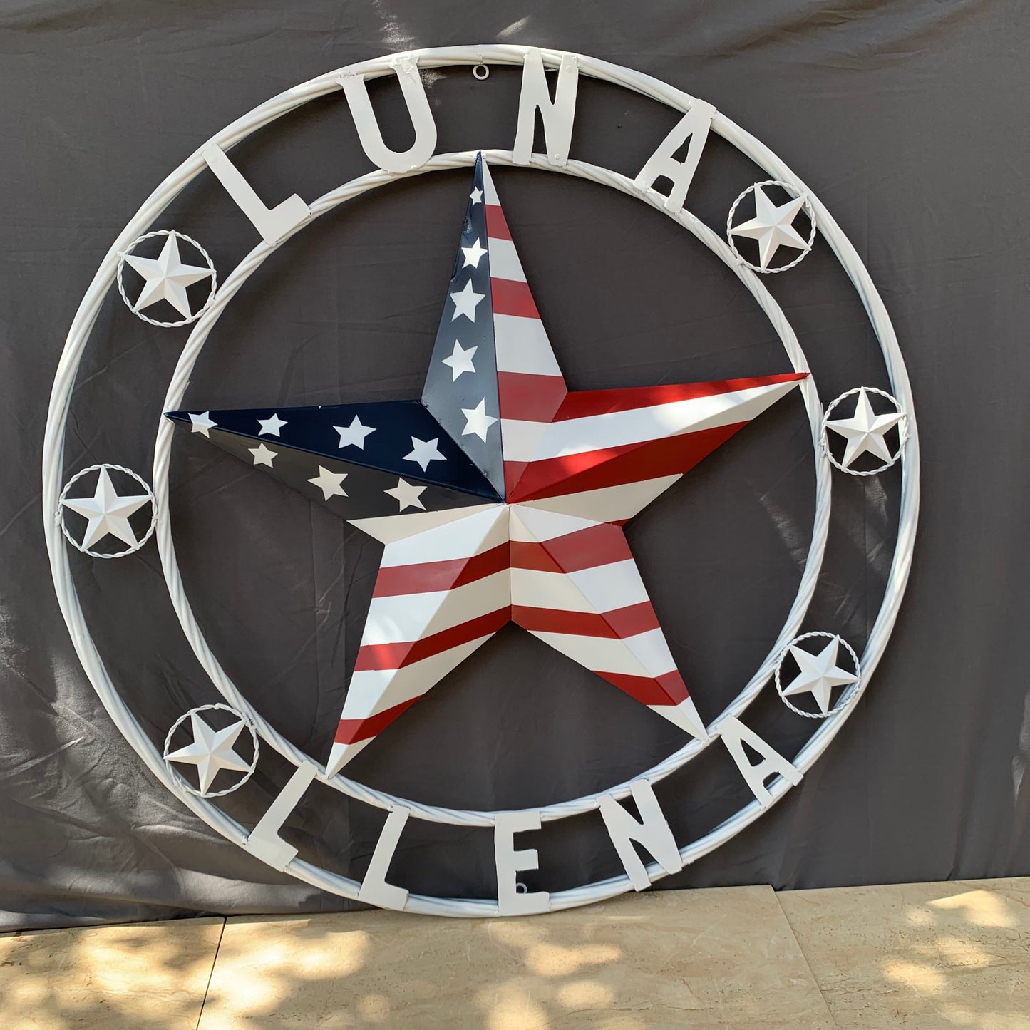LUNA STYLE CUSTOM NAME BARN STAR METAL STAR 3d TWISTED ROPE RING WESTERN HOME DECOR USA FLAG STAR RED WHOTE & BLUE WITH WHITE RING HANDMADE 24",32",36",50"