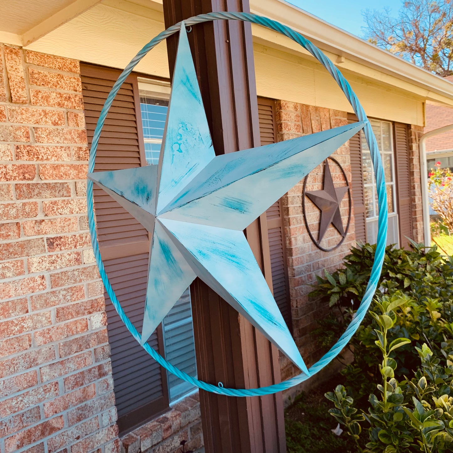 #EH11219 TURQUOISE WHITE DISTRESSED STAR TWO TONE TEXTURE BARN STAR METAL LONESTAR TWISTED ROPE RING WESTERN HOME DECOR HANDMADE NEW