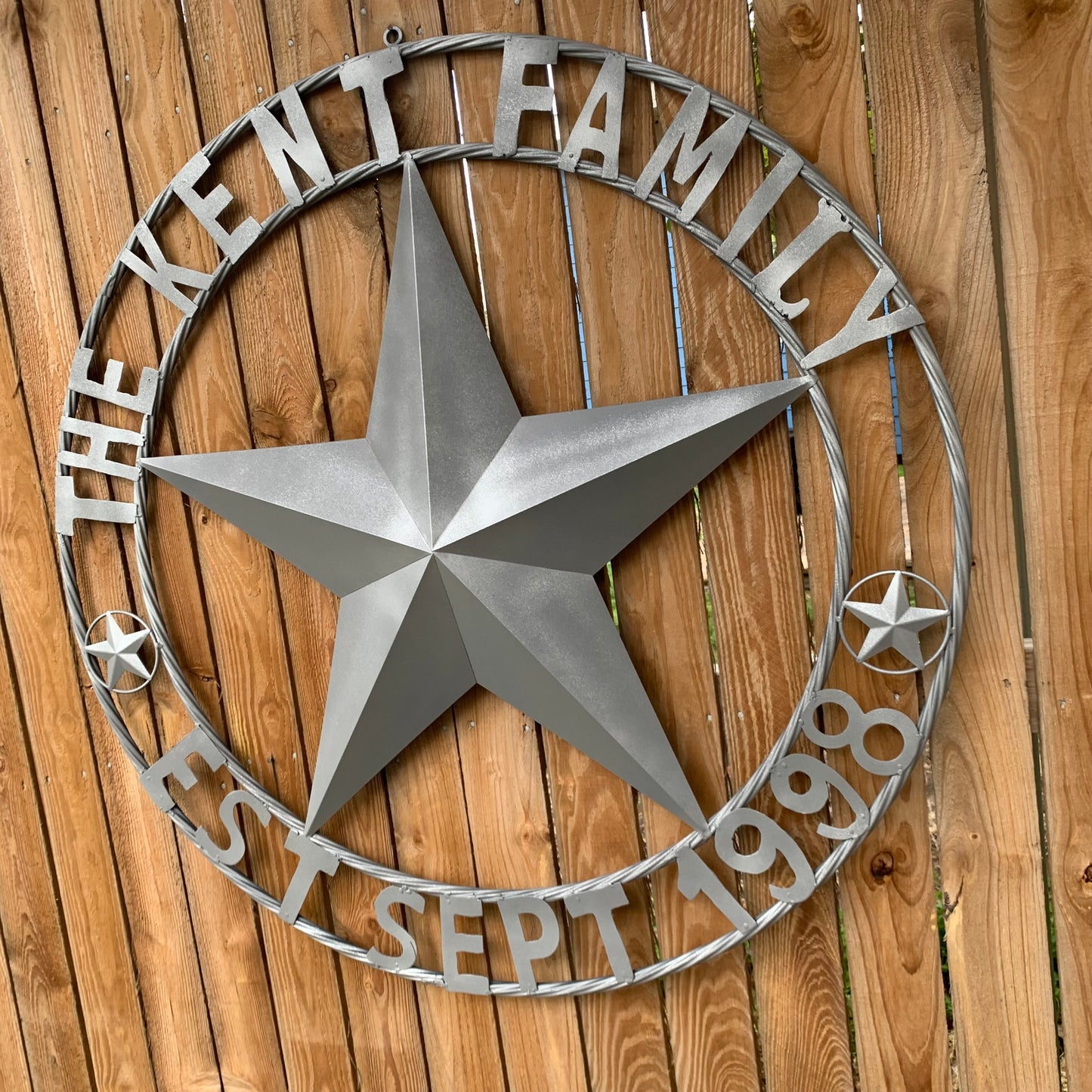KENT STYLE CUSTOM STAR NAME BARN METAL STAR 3d TWISTED ROPE RING WESTERN HOME DECOR RUSTIC GREY SILVER HANDMADE 24",32",36",50"