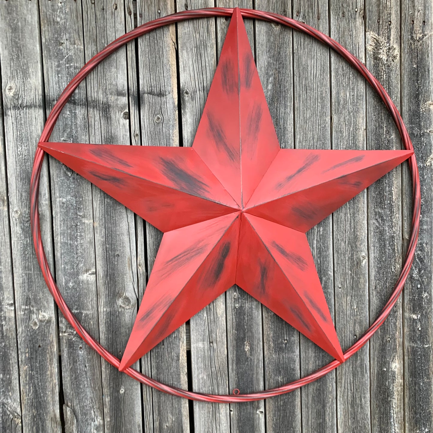 RED DISTRESSED STAR TWO TONE TEXTURE BARN STAR METAL LONESTAR TWISTED ROPE RING WESTERN HOME DECOR HANDMADE NEW #EH12958