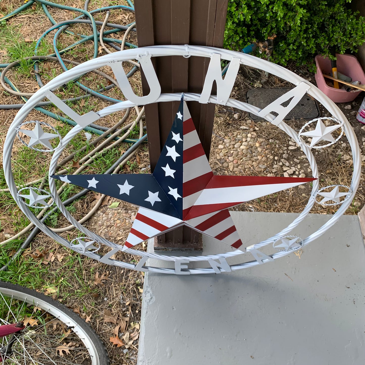 LUNA STYLE CUSTOM NAME BARN STAR METAL STAR 3d TWISTED ROPE RING WESTERN HOME DECOR USA FLAG STAR RED WHOTE & BLUE WITH WHITE RING HANDMADE 24",32",36",50"