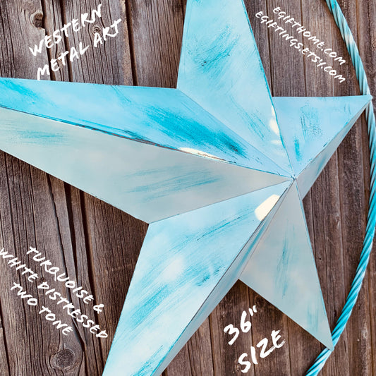 #EH11219 TURQUOISE WHITE DISTRESSED STAR TWO TONE TEXTURE BARN STAR METAL LONESTAR TWISTED ROPE RING WESTERN HOME DECOR HANDMADE NEW