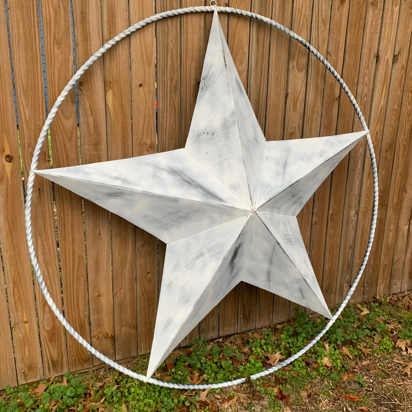 5 FOOT WHITE DISTRESSED STAR TWO TONE TEXTURE BARN STAR METAL LONESTAR TWISTED ROPE RING WESTERN HOME DECOR HANDMADE NEW