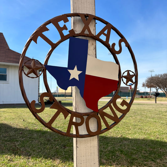 TEXAS STRONG SIGN METAL WALL ART WESTERN HOME DECOR RED WHITE BLUE WITH BRONZE RING HANDMADE #EH13212