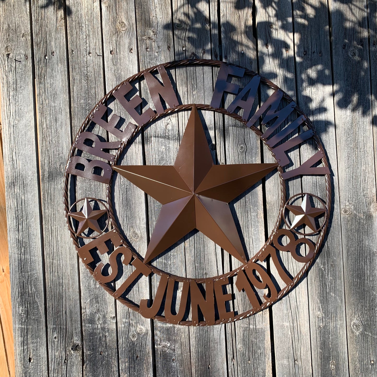 BREEN FAMILY STYLE CUSTOM NAME STAR BARN METAL STAR 3d TWISTED ROPE RING WESTERN HOME DECOR RUSTIC BROWN HANDMADE 24",32",36",50"