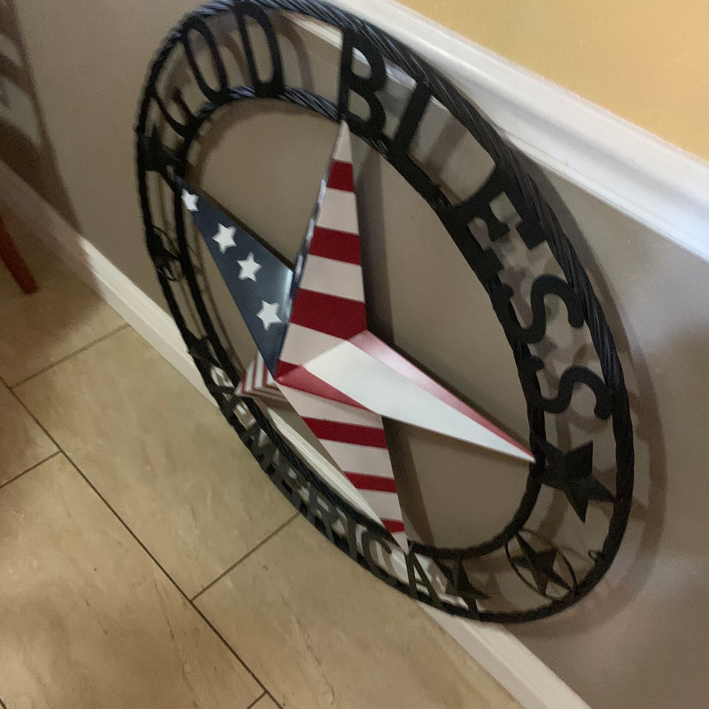 GOD BLESS AMERICA USA FLAG 3d STAR METAL BARN STAR BLACK TWISTED ROPE RING WALL ART WESTERN HOME DECOR RED WHITE & BLUE HANDMADE NEW #EH10490
