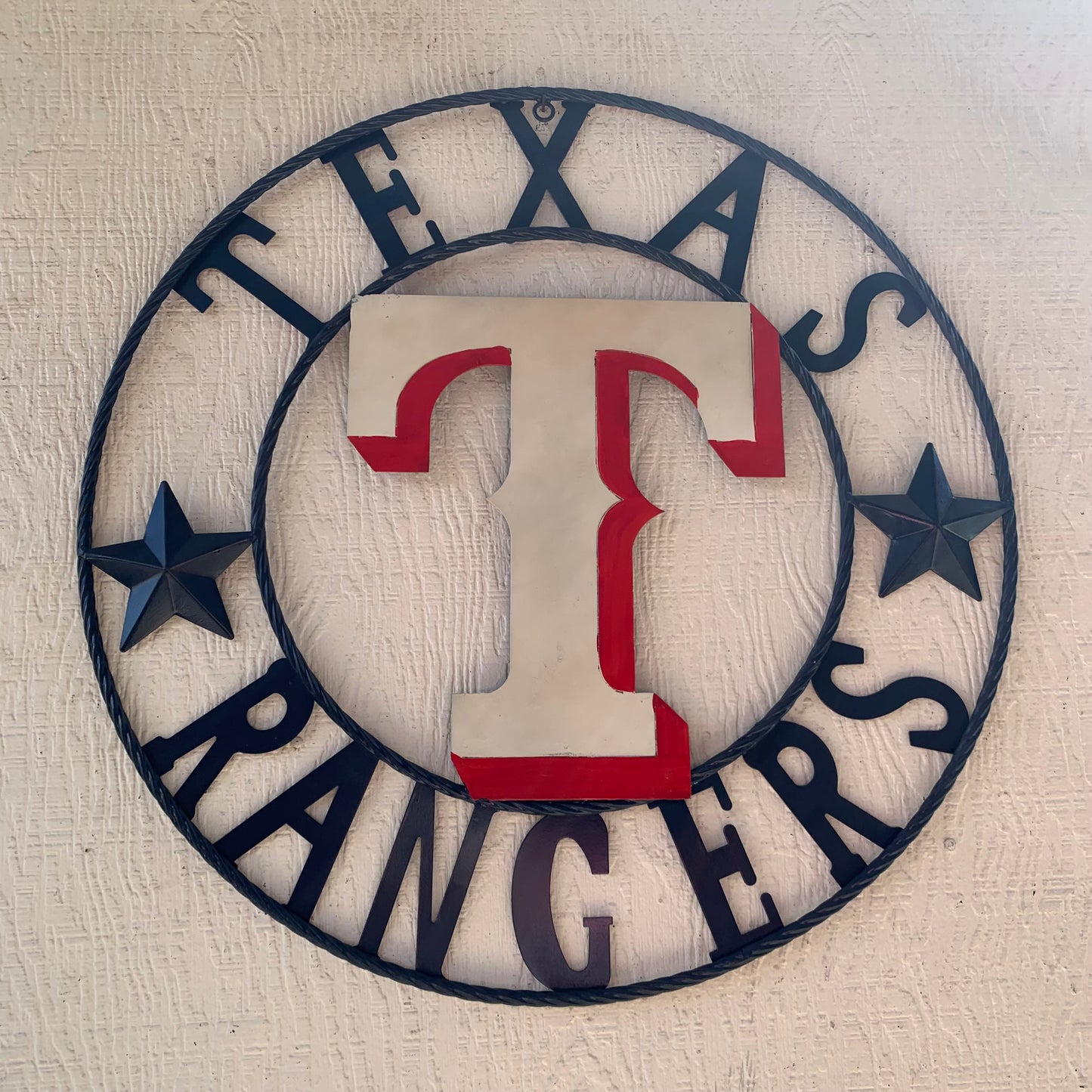 12", 18", 24", 32" TEXAS RANGERS BARN CUSTOM METAL VINTAGE CRAFT SIGN TEAM  WHITE & RED & NAVY BLUE RING & STAR HANDMADE