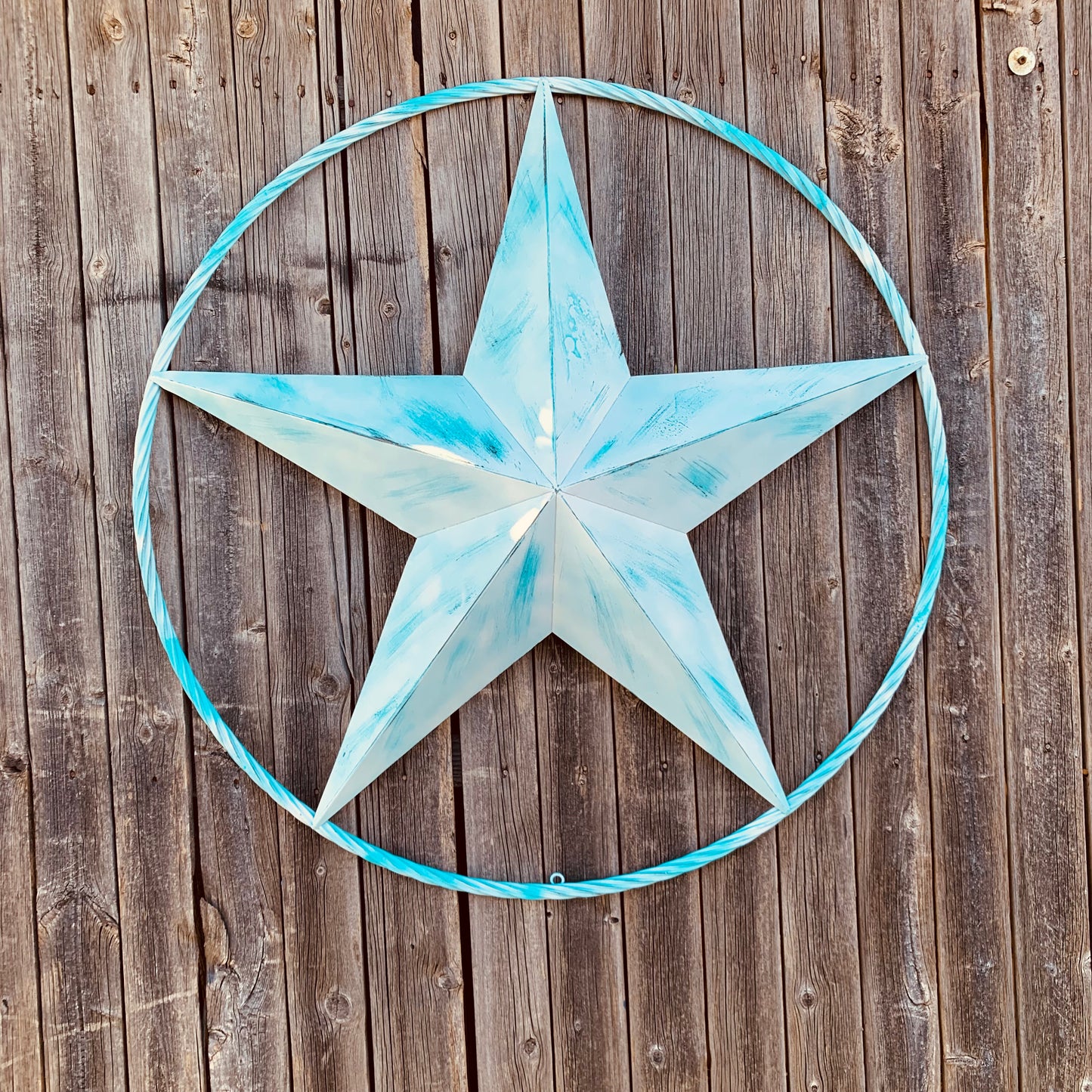 #EH11219 TURQUOISE WHITE DISTRESSED STAR TWO TONE TEXTURE BARN STAR METAL LONESTAR TWISTED ROPE RING WESTERN HOME DECOR HANDMADE NEW