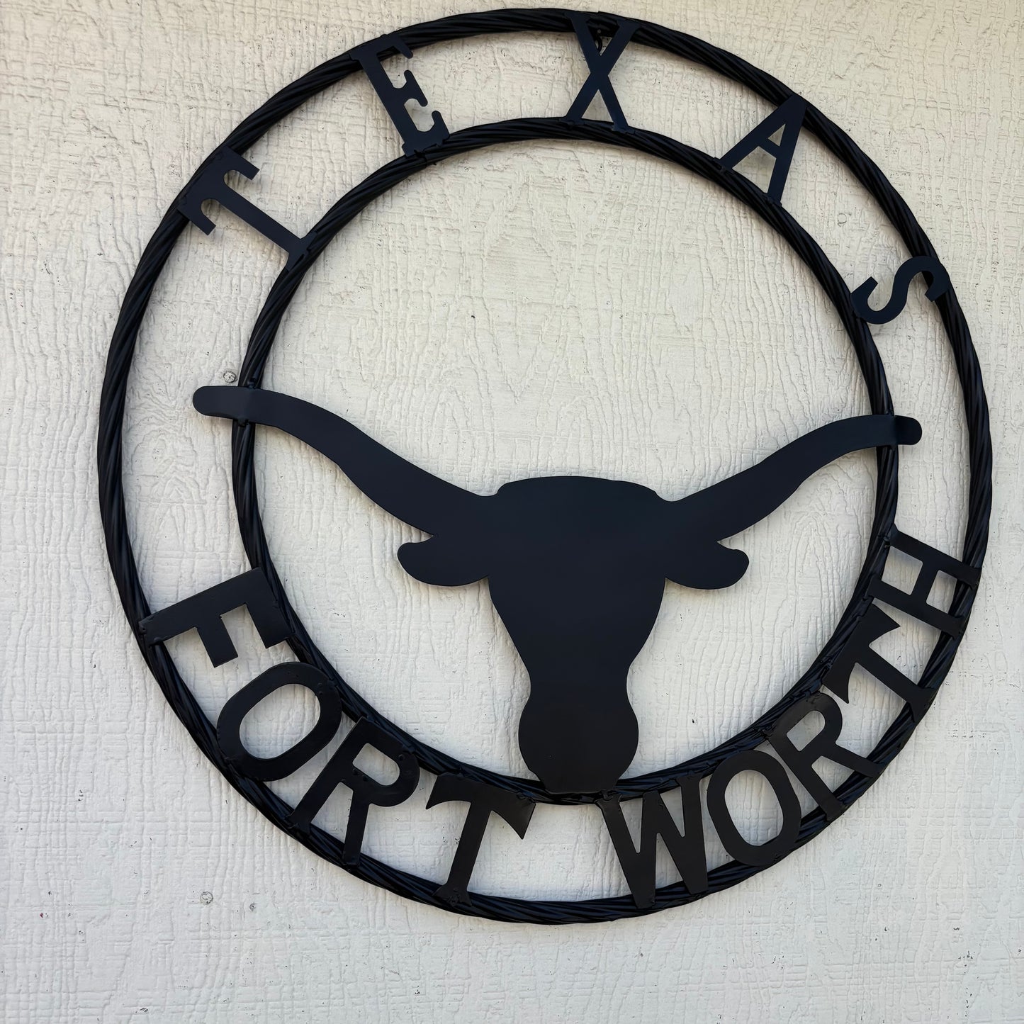 TEXAS FORT WORTH METAL SIGN LONGHORNS BLACK WESTERN HOME DECOR HANDMADE
