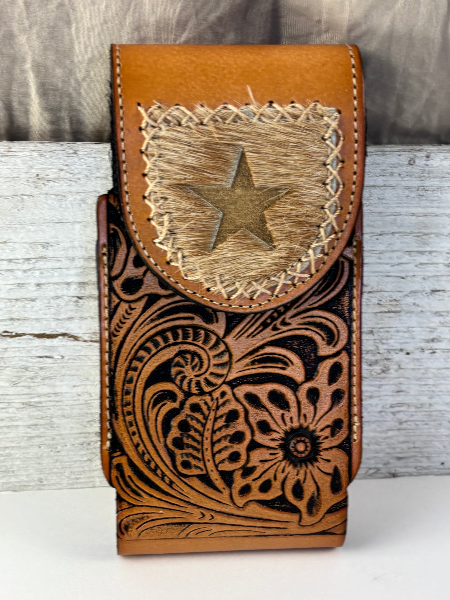 7" STAR LEATHER HOLSTER TAN BROWN STAR POUCH EXTRA LARGE  BELT LOOP CELL PHONE CASE UNIVERSAL OVERSIZE #EH13320