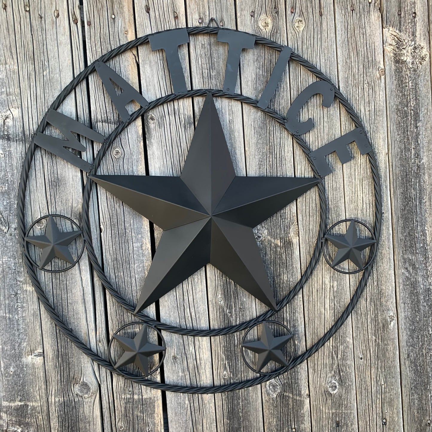 MATTICE STYLE BLACK STAR YOUR CUSTOM NAME BARN METAL STAR 3d TWISTED ROPE RING WESTERN HOME DECOR HANDMADE 24",32",36",50"