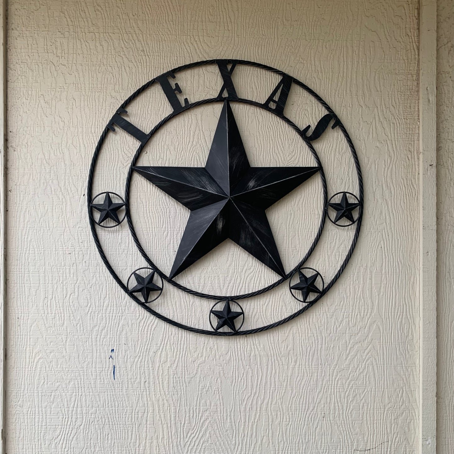 TEXAS BLACK DISTRESSED STAR TWO TONE TEXTURE BARN STAR METAL LONESTAR TWISTED ROPE RING WESTERN HOME DECOR HANDMADE NEW