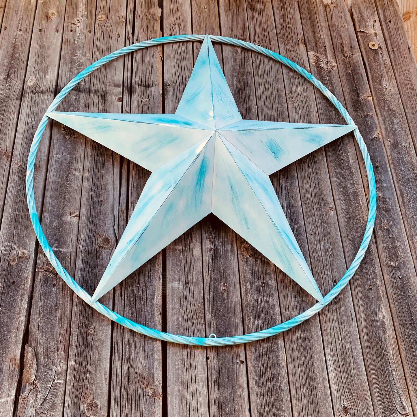 #EH11219 TURQUOISE WHITE DISTRESSED STAR TWO TONE TEXTURE BARN STAR METAL LONESTAR TWISTED ROPE RING WESTERN HOME DECOR HANDMADE NEW