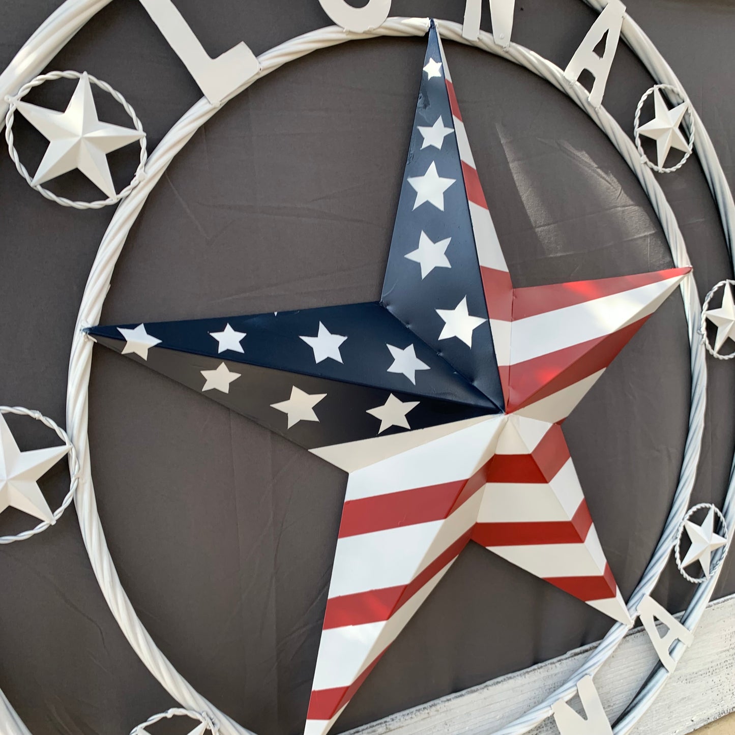 LUNA STYLE CUSTOM NAME BARN STAR METAL STAR 3d TWISTED ROPE RING WESTERN HOME DECOR USA FLAG STAR RED WHOTE & BLUE WITH WHITE RING HANDMADE 24",32",36",50"