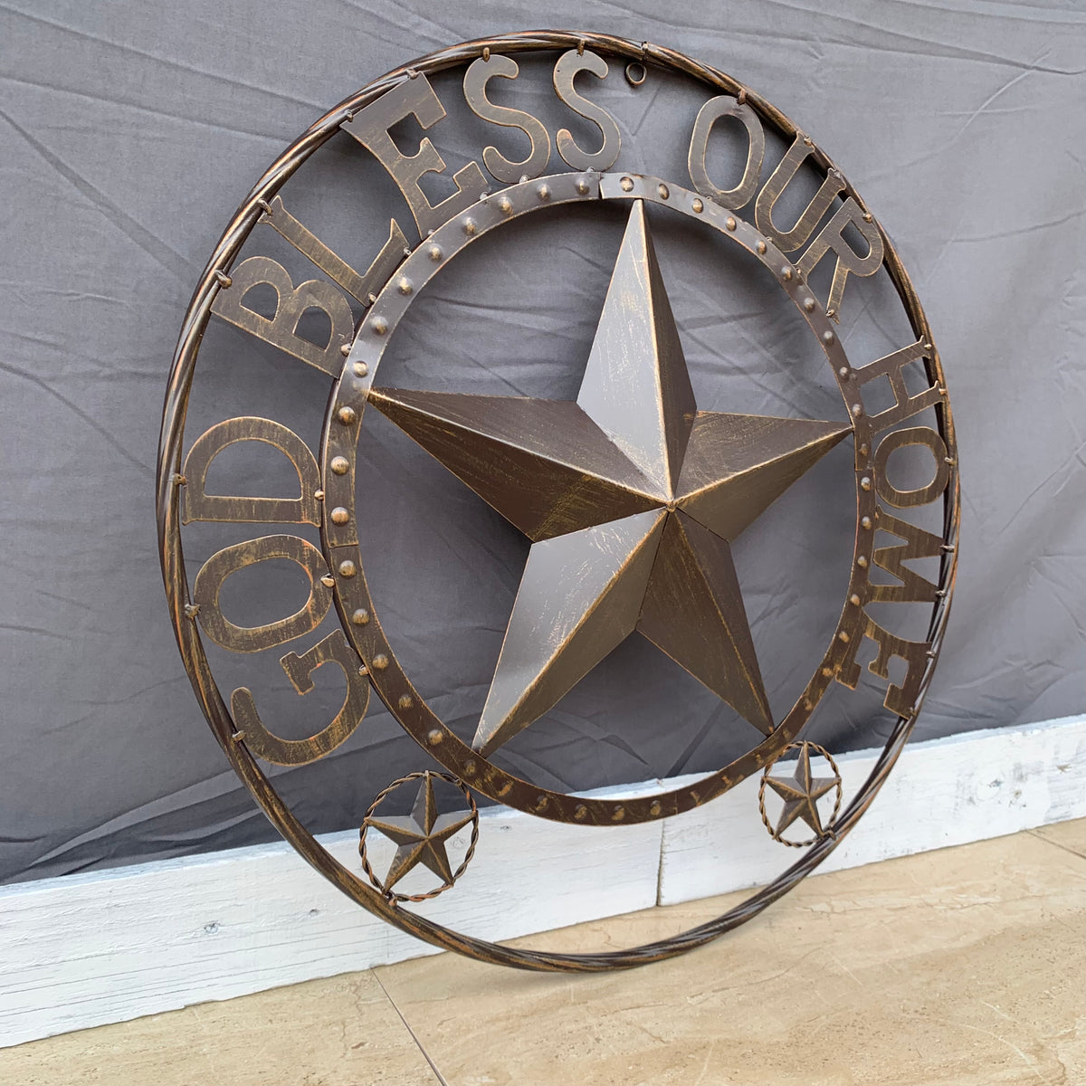 24" GOD BLESS OUR HOME BEADED STAR COLIBROX METAL TWISTED ROPE RING LONE STAR WALL ART WESTERN HOME DECOR RUSTIC DARK BRONZE COPPER HANDMADE NEW