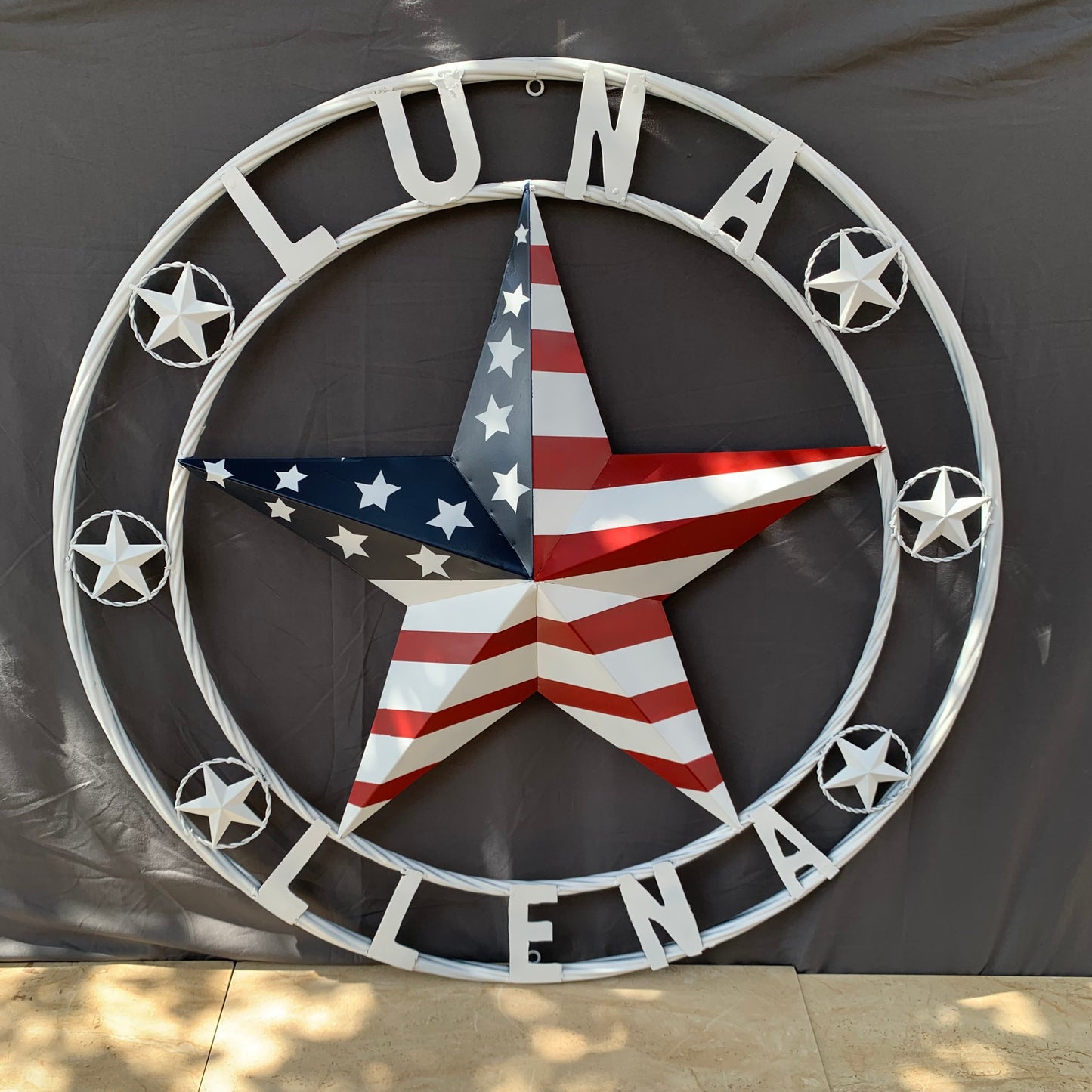 LUNA STYLE CUSTOM NAME BARN STAR METAL STAR 3d TWISTED ROPE RING WESTERN HOME DECOR USA FLAG STAR RED WHOTE & BLUE WITH WHITE RING HANDMADE 24",32",36",50"