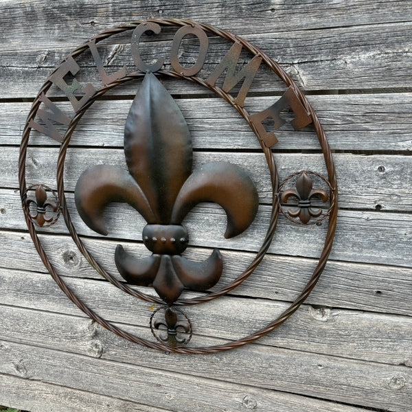 24" WELCOME FLEUR DE LIS METAL WALL ART WESTERN HOME DECOR BROWN NEW #EH11997