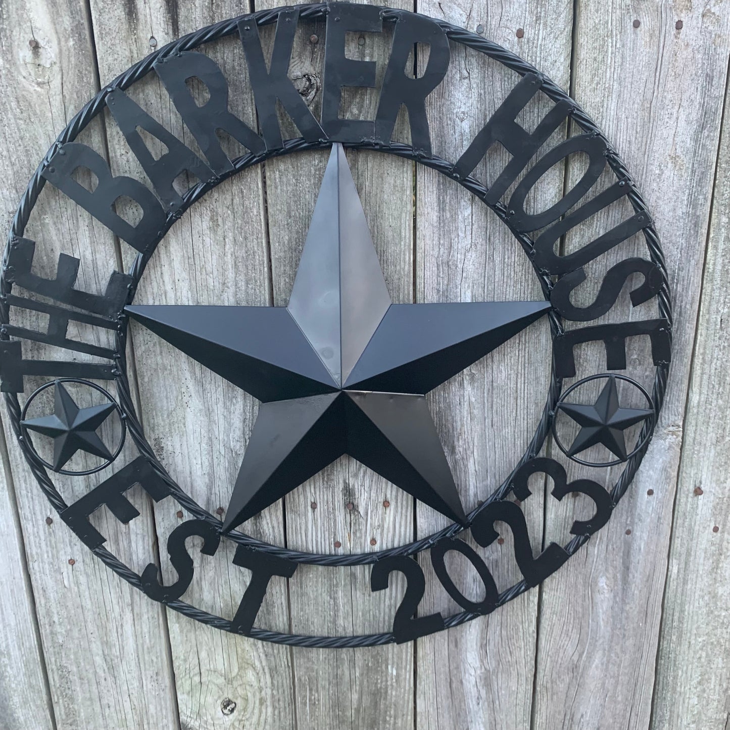 BARKER STYLE CUSTOM NAME STAR BARN METAL STAR 3d TWISTED ROPE RING LONESTAR WESTERN HOME DECOR RUSTIC BLACK HANDMADE 24",32",36",50"