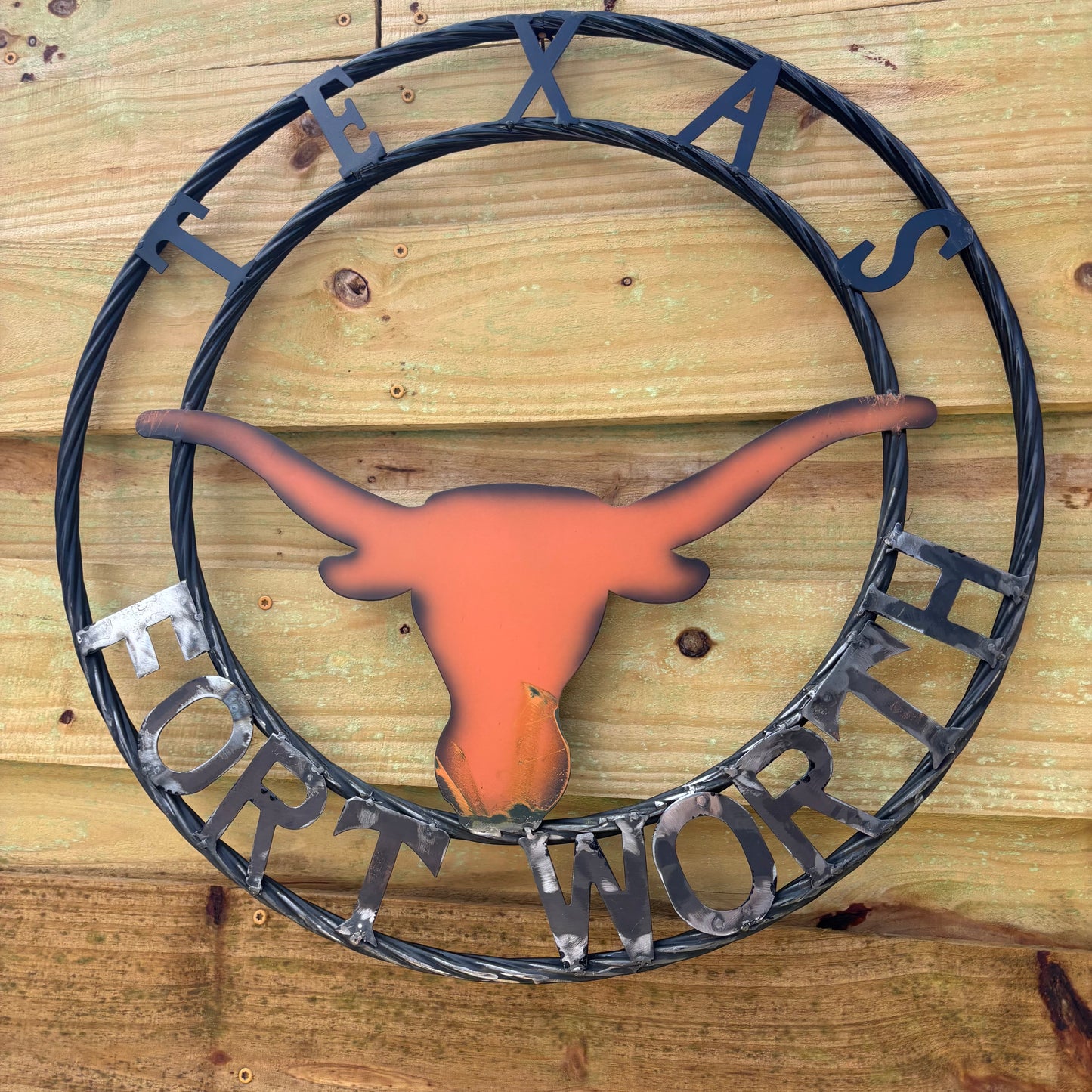 TEXAS FORT WORTH METAL SIGN LONGHORNS ORANGE WESTERN HOME DECOR HANDMADE