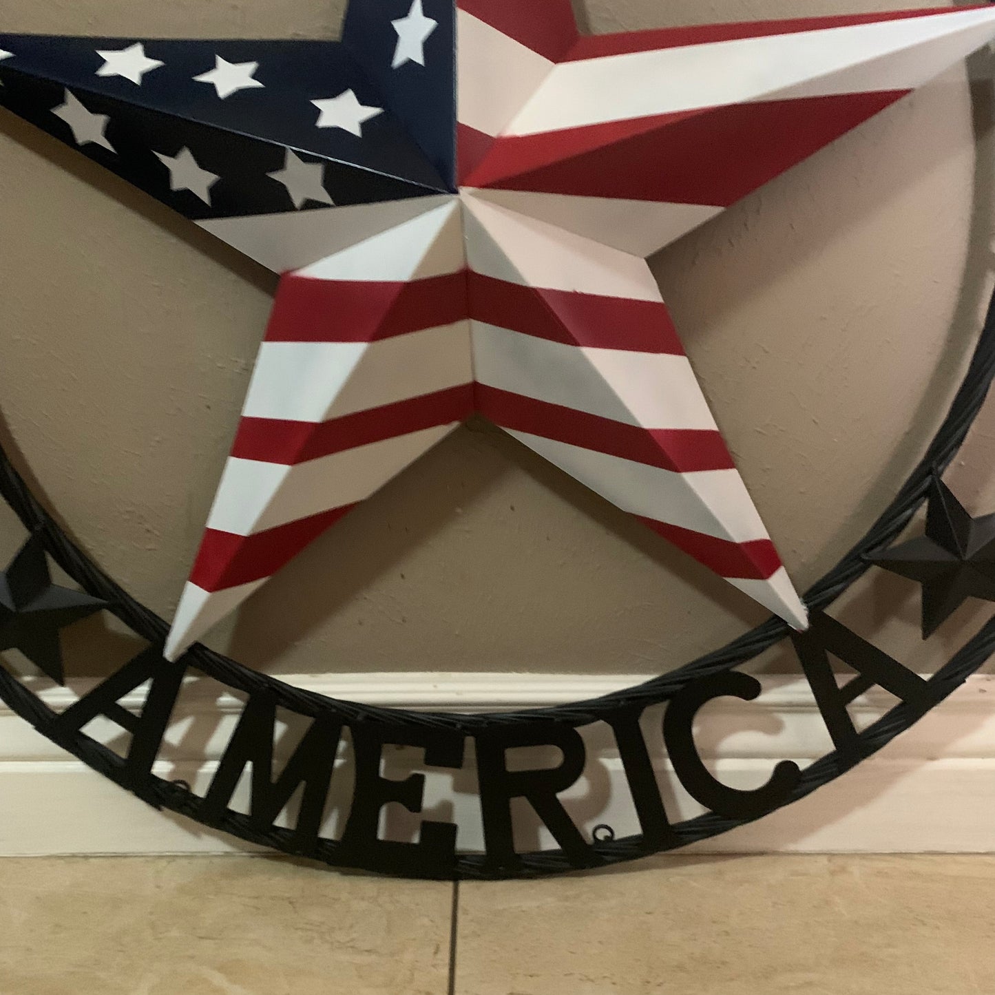 GOD BLESS AMERICA USA FLAG 3d STAR METAL BARN STAR BLACK TWISTED ROPE RING WALL ART WESTERN HOME DECOR RED WHITE & BLUE HANDMADE NEW #EH10490