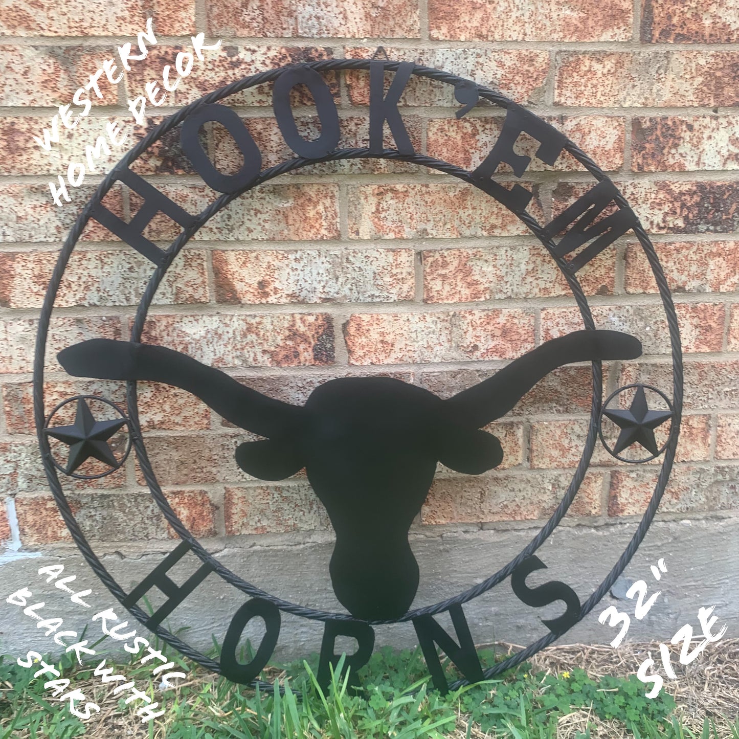 HOOKEM HORNS WITH LONE STAR TEXAS LONGHORNS HOOK EM BLACK METAL CUSTOM VINTAGE CRAFT WALL ART TEAM SIGN HANDMADE