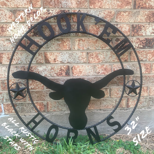 HOOKEM HORNS WITH LONE STAR TEXAS LONGHORNS HOOK EM BLACK METAL CUSTOM VINTAGE CRAFT WALL ART TEAM SIGN HANDMADE