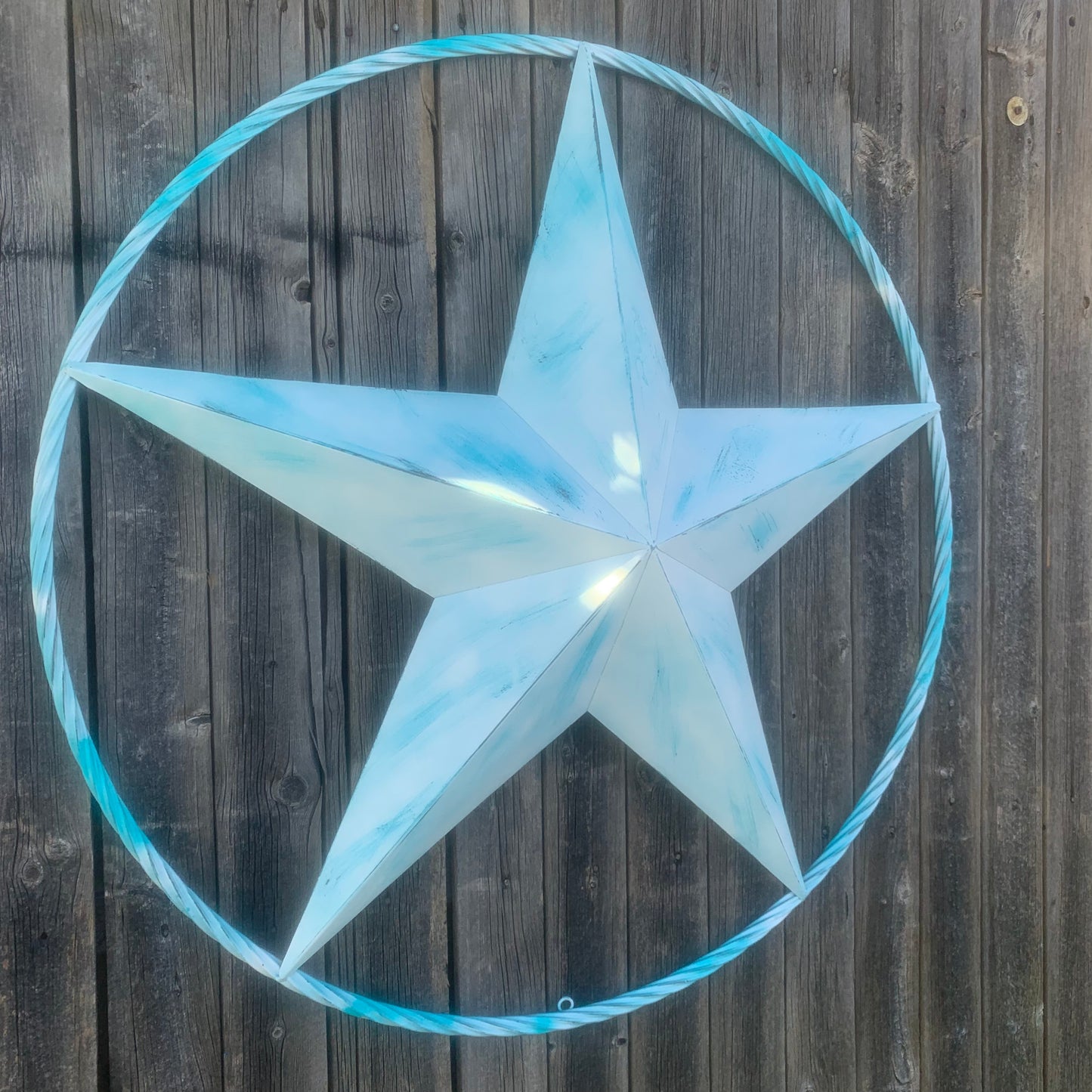 #EH11219 TURQUOISE WHITE DISTRESSED STAR TWO TONE TEXTURE BARN STAR METAL LONESTAR TWISTED ROPE RING WESTERN HOME DECOR HANDMADE NEW
