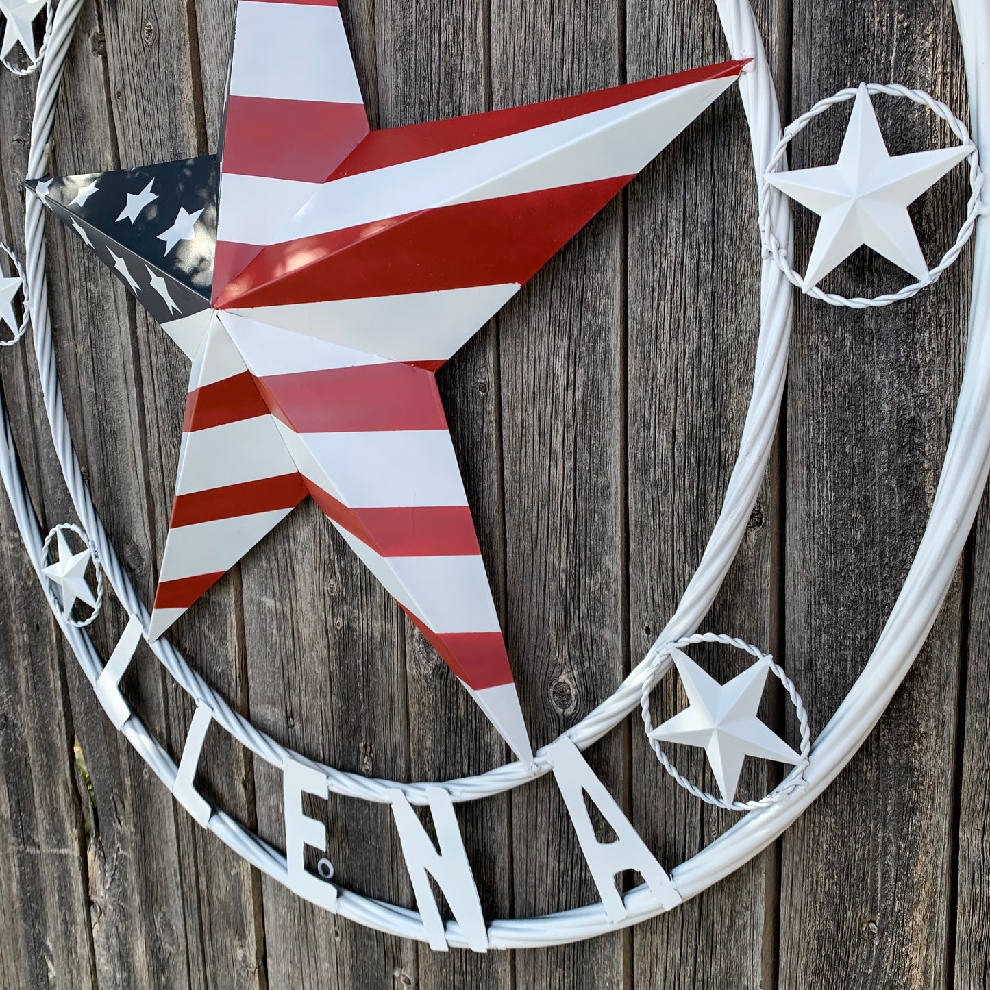 LUNA STYLE CUSTOM NAME BARN STAR METAL STAR 3d TWISTED ROPE RING WESTERN HOME DECOR USA FLAG STAR RED WHOTE & BLUE WITH WHITE RING HANDMADE 24",32",36",50"