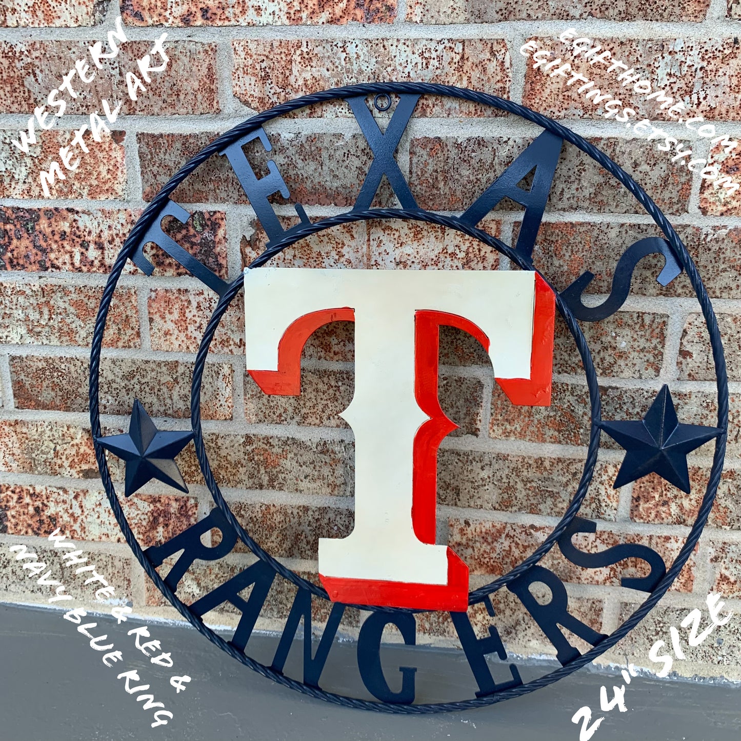 12", 18", 24", 32" TEXAS RANGERS BARN CUSTOM METAL VINTAGE CRAFT SIGN TEAM  WHITE & RED & NAVY BLUE RING & STAR HANDMADE