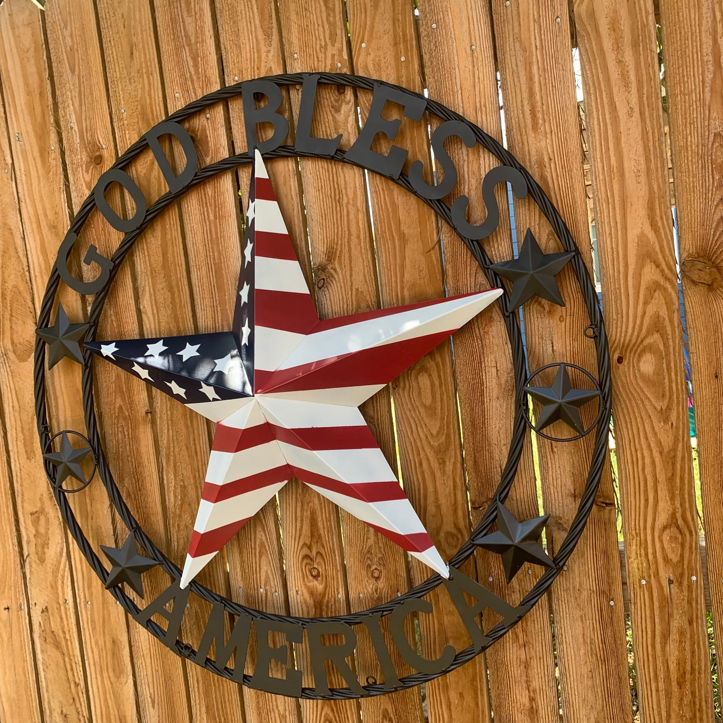 GOD BLESS AMERICA USA FLAG 3d STAR METAL BARN STAR BLACK TWISTED ROPE RING WALL ART WESTERN HOME DECOR RED WHITE & BLUE HANDMADE NEW #EH10490