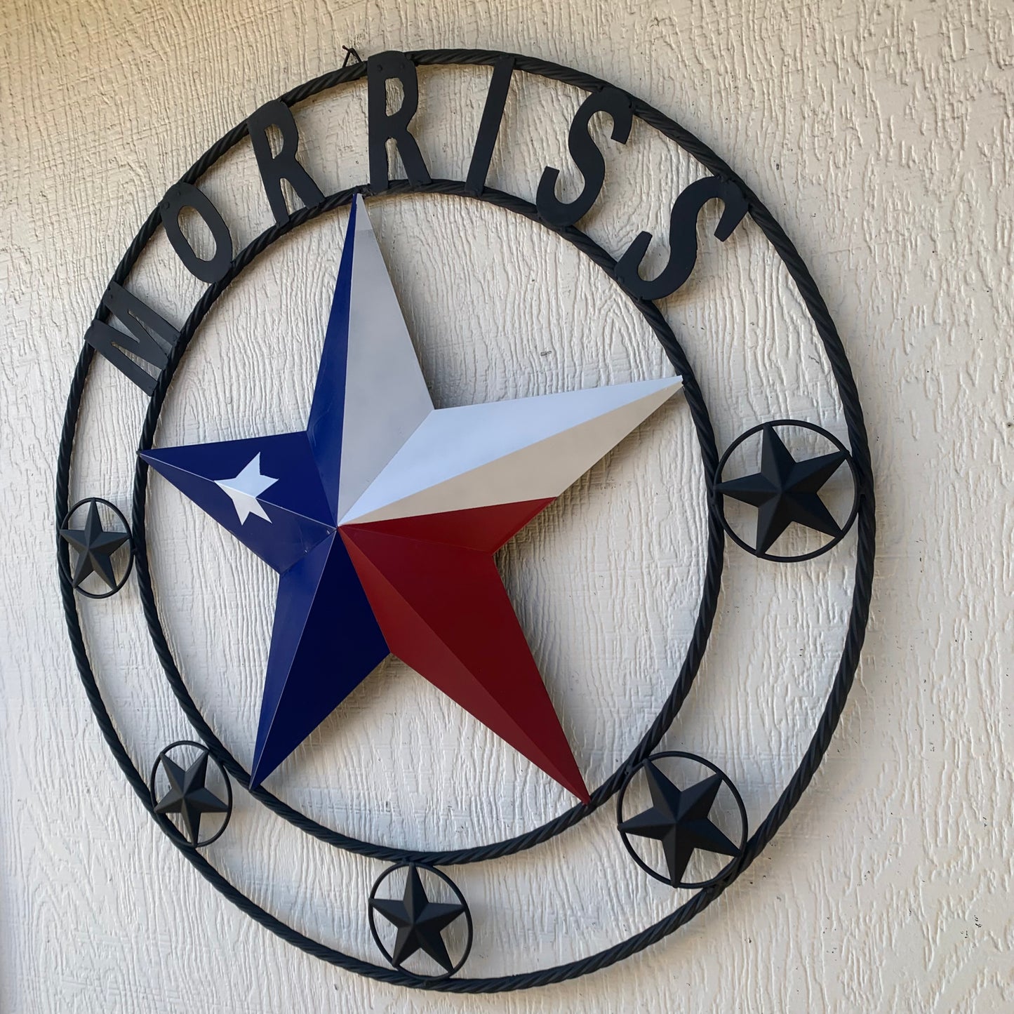 MORRISS TEXAS FLAG STYLE CUSTOM NAME STAR TWISTED ROPE BLACK RING WESTERN HOME DECOR HANDMADE