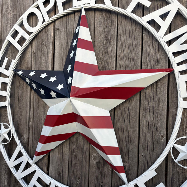 HOPPER STYLE YOUR CUSTOM NAME STAR METAL BARN 3d RED WHITE BLUE USA FLAG WITH WHITE TWIST ROPE RING WESTERN HOME DECOR HANDMADE, 24",36",40"