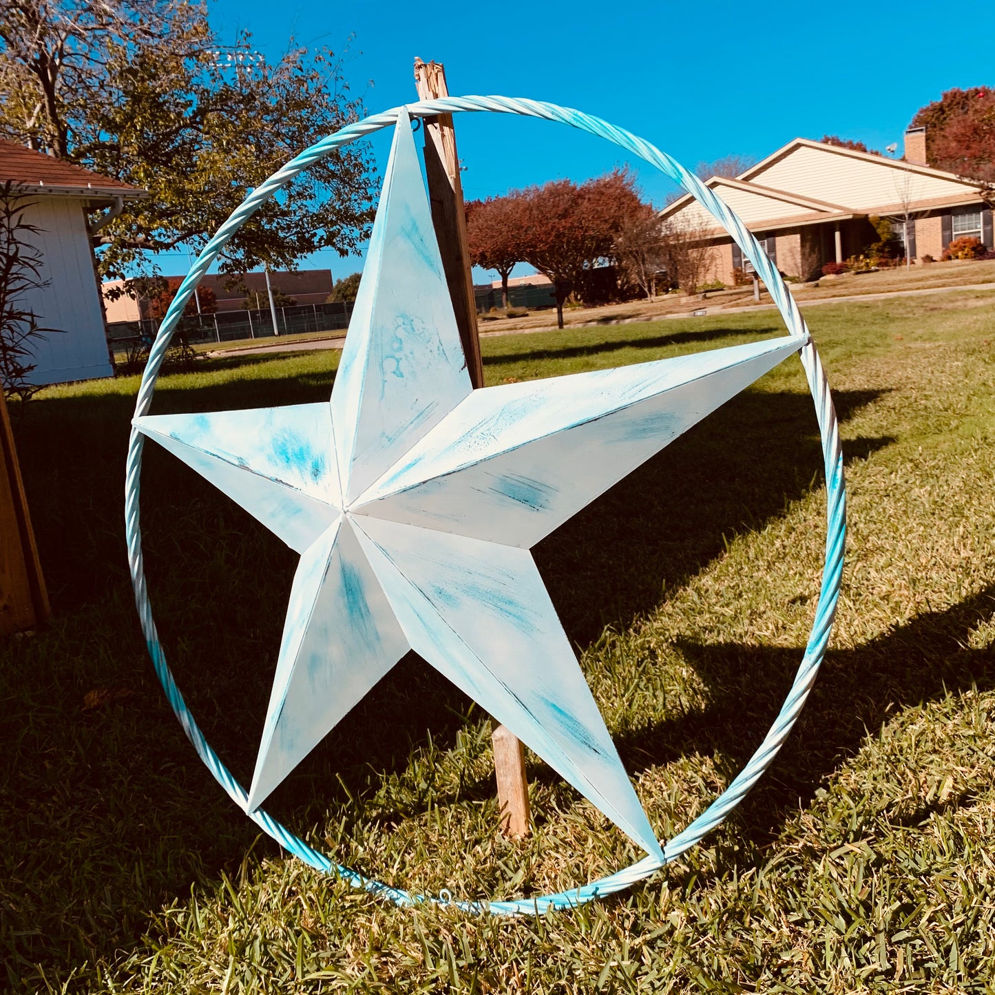 #EH11219 TURQUOISE WHITE DISTRESSED STAR TWO TONE TEXTURE BARN STAR METAL LONESTAR TWISTED ROPE RING WESTERN HOME DECOR HANDMADE NEW