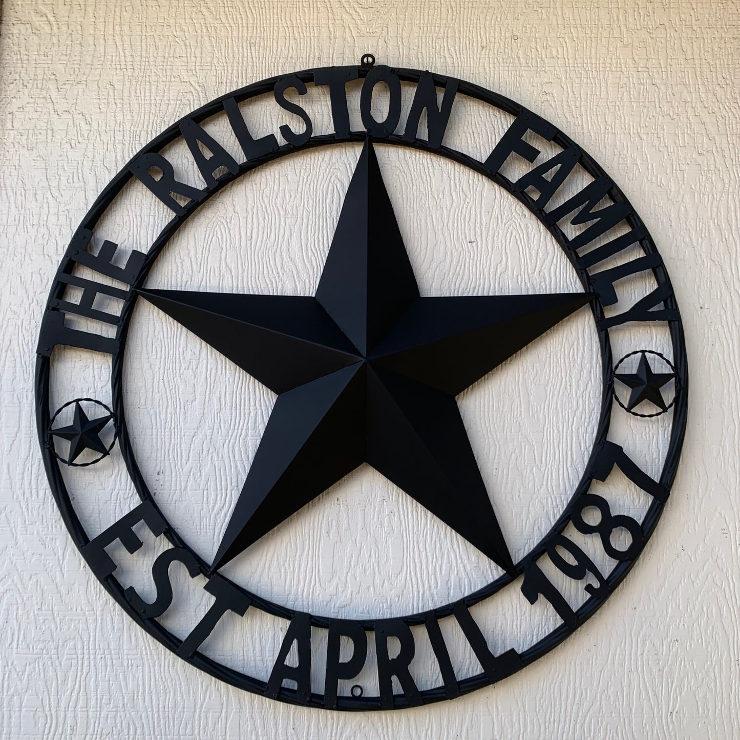 RALSTON FAMILY STYLE CUSTOM NAME STAR BARN METAL STAR 3d TWISTED ROPE RING WESTERN HOME DECOR RUSTIC BLACK HANDMADE 24",32",36",50"