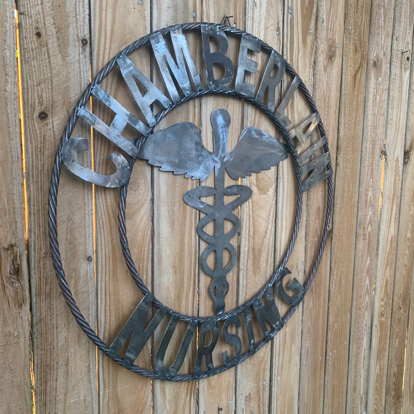 CUSTOM NAME CHAMBERLAIN NURSING STYLE TWISTIED RING BARN RUSTIC BRONZE METAL SIGN WESTERN HOME DECOR HANDMADE 24",32",36"