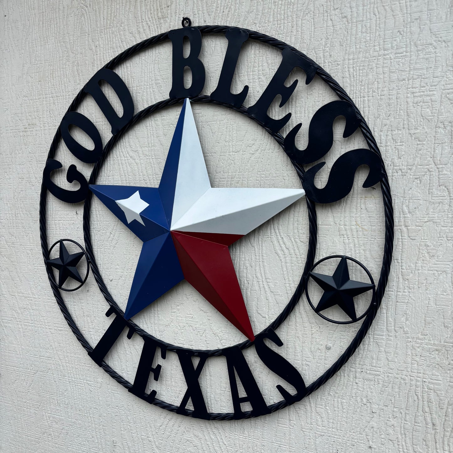 GOD BLESS TEXAS BARN STAR RED WHITE BLUE STAR WITH NAVY BLUE RING LONE STAR TWISTED ROPE RING WESTERN HOME DECOR HANDMADE