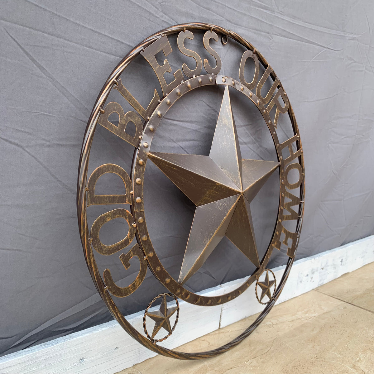 24" GOD BLESS OUR HOME BEADED STAR COLIBROX METAL TWISTED ROPE RING LONE STAR WALL ART WESTERN HOME DECOR RUSTIC DARK BRONZE COPPER HANDMADE NEW