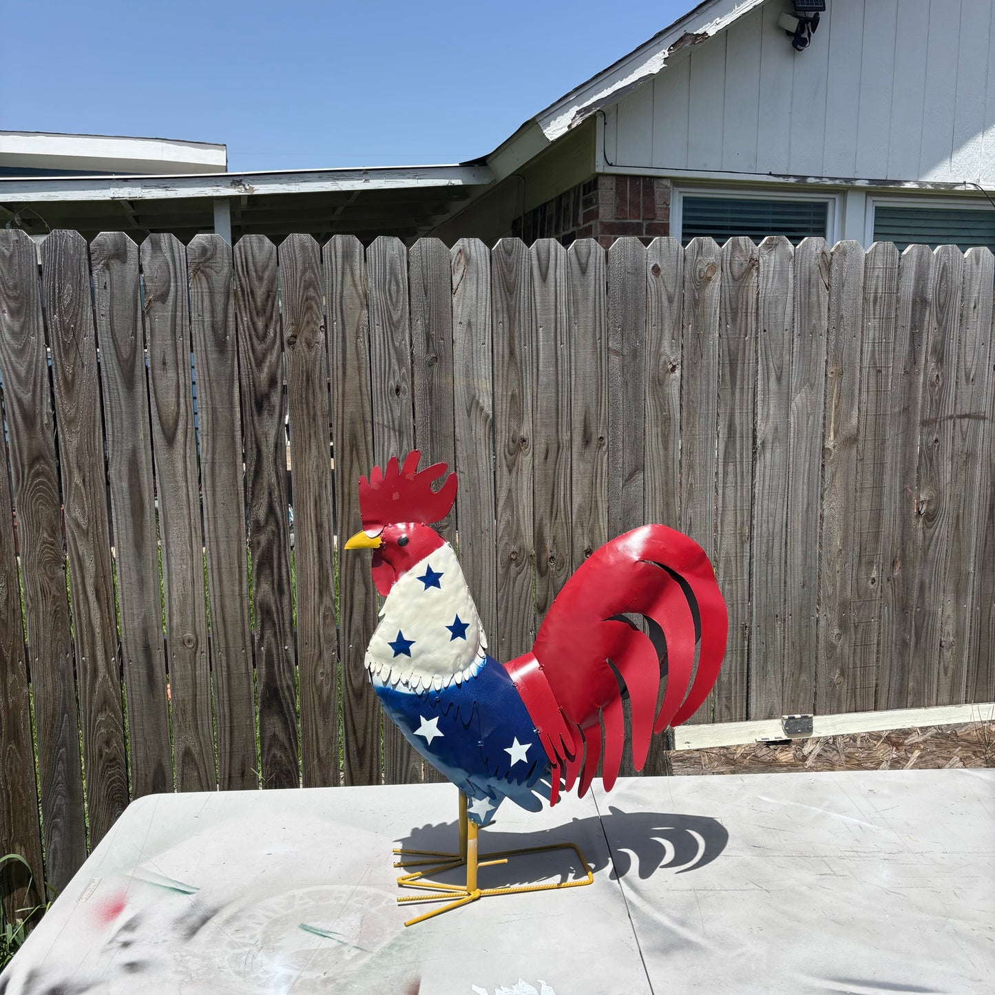 USA FLAG ROOSTER AMERICAN RED WHITE BLUE PATRIOTIC GARDEN METAL SCULPTURE WESTERN HOME DECOR ORNAMENT HANDMADE #34-003