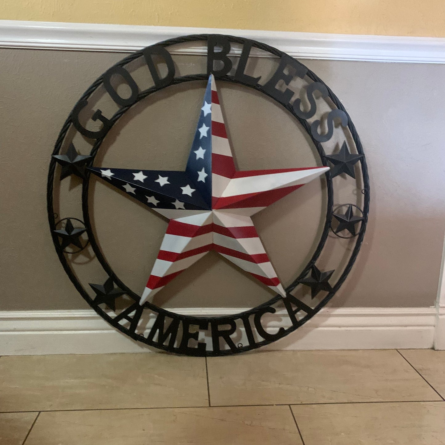GOD BLESS AMERICA USA FLAG 3d STAR METAL BARN STAR BLACK TWISTED ROPE RING WALL ART WESTERN HOME DECOR RED WHITE & BLUE HANDMADE NEW #EH10490