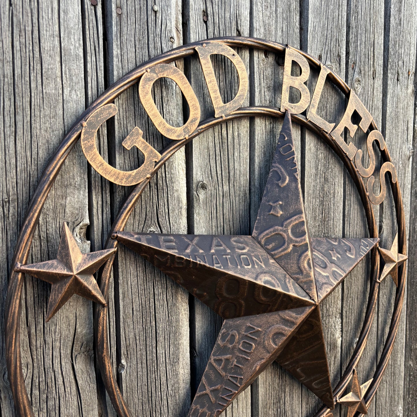 GOD BLESS TEXAS LICENSE PLATE EMBOSSED STAR BARN STAR METAL LONE STAR WESTERN HOME DECOR HANDMADE