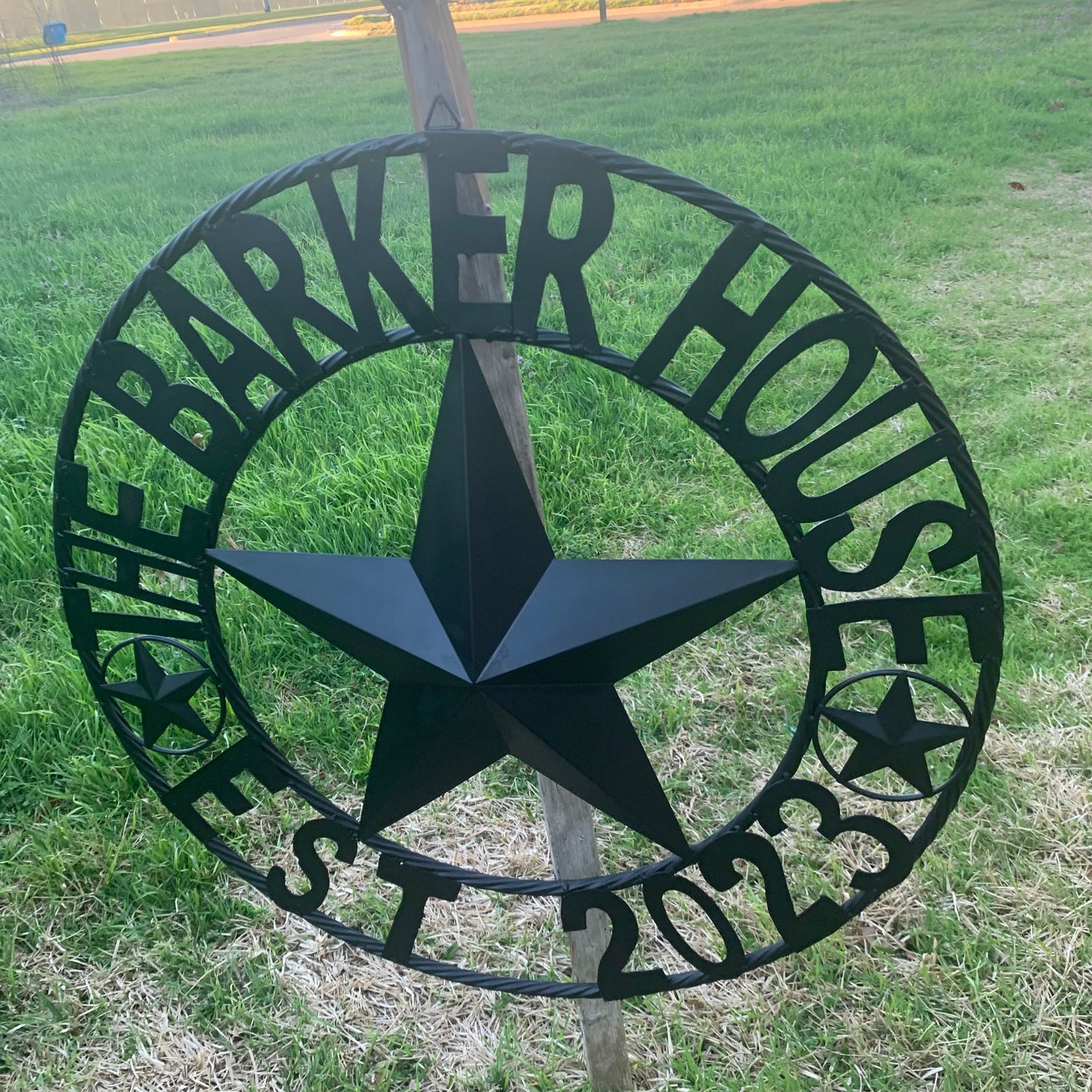 BARKER STYLE CUSTOM NAME STAR BARN METAL STAR 3d TWISTED ROPE RING LONESTAR WESTERN HOME DECOR RUSTIC BLACK HANDMADE 24",32",36",50"